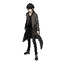 A lone, anime-inspired figure in a dark trench coat stands alert against a black void, his observant gaze and monochromatic design creating an air of quiet mystery.