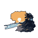 This pixel art scene captures a serene sunrise or sunset on a tranquil beach, featuring silhouetted palm trees against a stark sky. A bright celestial body reflects on the water, evoking peaceful solitude in this minimalist landscape.
