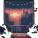 Silhouetted city buildings meet a vibrant sunset sky in this pixel art scene, viewed from a quiet balcony. A railing frames the cityscape, capturing a peaceful moment as day turns to night.