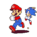 Mario and Sonic face off in a retro-style pixel art chase, capturing their iconic rivalry with energetic poses and vibrant colors. Mario takes the lead, with Sonic hot on his heels in this nostalgic scene.