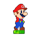 This pixel art image features a cheerful Mario standing on a small green platform. The iconic video game character is rendered in his signature vibrant colors, evoking a sense of nostalgia.