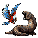 A vibrant pixel art parrot dives into battle with a large, roaring serpent, their contrasting colors and dynamic poses creating a striking image of conflict. The stark black background intensifies the tension between these two creatures locked in a moment of action.