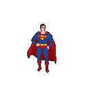 This pixel art Superman strikes a classic heroic pose, hands on hips, showcasing his iconic blue suit, red cape, and vibrant 'S' shield. Rendered in bold, saturated colors against a black background, the image captures a powerful and nostalgic retro vibe.