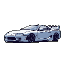 This pixel art captures the iconic fourth-generation Toyota Supra in cool grays and blues, presented in a sleek, minimalist style. The stationary sports car evokes a sense of retro gaming nostalgia with its clean, precise design.