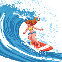 A pixel art surfer girl in a yellow bikini and blue shorts fearlessly rides a vibrant, curling wave on her red and white surfboard. The dynamic pose and bright colors capture the exhilaration of surfing.