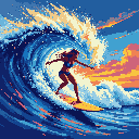 A lone female surfer skillfully rides a large wave, captured in vibrant pixel art against a dramatic sky transitioning into the ocean. The image evokes the thrill and beauty of surfing with its retro color palette and dynamic composition.