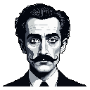 This pixel art portrait captures a distinguished man with a handlebar mustache, his intense gaze and formal attire creating a serious and enigmatic presence. The monochromatic palette and retro style lend a digital-noir feel to this classic composition.