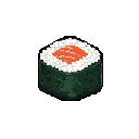 A solitary maki roll, rendered in charming pixel art, is showcased against a stark black background. The minimalist design highlights the sushi's dark green nori, white rice, and a vibrant orange-red filling. The simple color scheme and isometric view create a clean, nostalgic, and appetizing image.