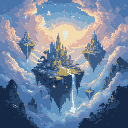 This pixel art depicts a breathtaking cityscape of floating islands nestled in a cloudy sky, with towering castles suggesting a thriving civilization. Smaller floating landmasses surround the main island, creating a sense of scale and a wider celestial settlement under the soft glow of a sunrise or sunset. The cool color palette and ethereal clouds evoke a sense of wonder and tranquility.