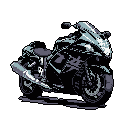 A sleek, pixelated sport touring motorcycle is rendered in cool grays and purples against a stark black void, capturing a moment of powerful stillness. The low-angle perspective and sharp highlights emphasize its modern design and understated coolness.