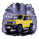 A pixelated yellow Suzuki Jimny takes center stage against a cool blue and purple urban backdrop. The vibrant vehicle, reflected in a wet street, exudes a modern, retro-futuristic vibe.