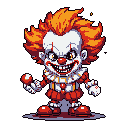 A sinister, chibi-style Pennywise clown grins menacingly, holding a red balloon against a stark background. The vibrant pixel art captures a "cute but terrifying" vibe with sharp teeth, piercing eyes, and unsettling details like the reddish-purple goo under its clown shoes.