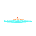 A lone pixel art swimmer, marked by a red cap, is captured mid-stroke in rippling blue water. The minimalist image evokes a sense of solitary exercise against a stark background.