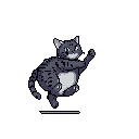 This pixel art depicts a plump tabby cat playfully leaping with a mischievous grin. Its chubby body and raised paws create a sense of energetic, lighthearted fun against a stark background.