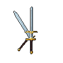 This pixel art showcases two meticulously crafted longswords, their steel blades and ornate hilts suggesting readiness and a touch of fantasy elegance. The detailed rendering evokes a sense of craftsmanship and potential, highlighting the weapons' visual weight and presence.