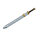 This pixel art showcases a detailed long sword with a gleaming blade and golden hilt, presented against a stark black background. The minimalist design evokes a sense of classic fantasy weaponry and timeless craftsmanship.