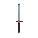 This pixel art showcases a detailed sword with a brown handle, gold crossguard, and a gleaming grey-blue blade, presented against a stark black backdrop. The design evokes a sense of fantasy and power, highlighting the weapon's intricate details and stoic presence.