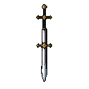 A striking pixel art sword, rendered in shades of gray and gold against a black background, evokes a sense of power and fantasy. The detailed hilt and sharp blade suggest a weapon of great significance.