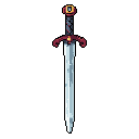 This pixel art showcases a detailed, ornate sword with a braided grip and gem-inset pommel. Rendered in cool blues and muted reds against a black background, the weapon evokes a sense of quiet power and classic RPGs.