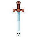 This pixel art showcases an elegant, coppery-bronze sword with a gleaming blue blade, its ornate design hinting at a powerful, legendary artifact. Three small blue jewels adorn the hilt.