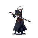 A white-haired swordsman in a dark cloak is rendered in pixel art, crouched and ready with his blade, suggesting a moment of intense focus before action.