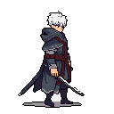 A stoic, white-haired warrior stands ready in this pixel art portrait, clad in dark, detailed armor and weaponry. The character's design evokes a gritty fantasy aesthetic, hinting at a dangerous world.