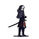 A cloaked and masked figure, armed with a katana featuring red accents, stands poised in a dark void, their identity shrouded in mystery. The pixel art evokes a sense of brooding readiness, hinting at a character from a stealthy or dark fantasy world.