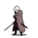 A stoic, cloaked swordsman stands ready, katana drawn, his piercing gaze hinting at a coming conflict or solitary quest. This pixel art figure, with a dark palette and stark contrasts, evokes a sense of mystery and classic adventure.
