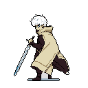 A pixel art warrior with striking blue eyes and a flowing cape stands poised with his sword, ready for action. The bright blue sword and eyes create a stark contrast against the muted tones, emphasizing the tense anticipation of the moment.