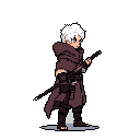 A lone, white-haired figure in muted browns and greys stands in profile, intently holding a staff in this evocative pixel art piece. The character's posture and the staff suggest a moment of quiet focus or preparation.