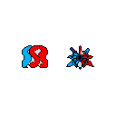 Against a stark black background, a light blue and red intertwined "SS" shape meets a smaller, spiky starburst design with a dark blue core and radiating red and light blue elements. The pixel art creates a dynamic and abstract digital icon.