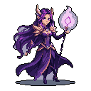 A regal elf sorceress stands with serene confidence, her purple and gold attire radiating mystique. She holds a glowing orb, hinting at her powerful magic. This pixel art portrait captures a vibe of fantasy elegance.