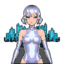 A confident, cyberpunk heroine with cybernetic enhancements stands poised against a dark cityscape. Her cool-toned design and stern expression evoke a sense of futuristic strength in classic pixel art style.