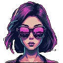 This pixel art portrait features a young woman with reflective sunglasses that reveal a vibrant, pixelated cityscape. Her short, dark bob and bold, neon color scheme evoke a cyberpunk vibe.