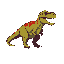 This pixel art image showcases a retro-style Tyrannosaurus Rex in profile, its muted green, brown, and red tones creating a playful, game-like aesthetic. The T-Rex's upright stance and slightly open mouth reveal its teeth, making for a simple yet engaging design.