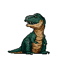 This pixel art depicts a surprisingly cute, teal and brown T-Rex sitting down with its mouth open. The stylized, chunky design and seated pose give this fearsome dinosaur an unexpected charm.