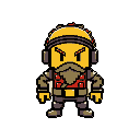 A determined, pixelated dwarf or miner with glowing eyes and a stern expression stands ready for action. Clad in work clothes and a bright yellow hard hat, the stout character exudes ruggedness and resilience.