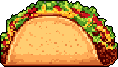 A delicious-looking pixel art taco, bursting with vibrant fillings, is presented in a close-up view. The simple, yet appetizing design evokes a sense of retro charm and culinary delight.