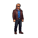 A cool, pixelated figure in a leather jacket and sunglasses stands confidently against a stark background. The character's retro vibe and muted color palette hint at a story of action and intrigue.