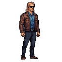 This pixel art image showcases a cool and composed character in a brown leather jacket and sunglasses, evoking a retro action movie vibe. His confident stance and muted color palette create a portrait of a capable and potentially tough individual.