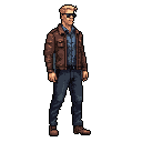 This pixel art image features a cool and confident man in a brown leather jacket, jeans, and sunglasses, reminiscent of a classic adventure game sprite. He stands in a relaxed pose, hinting at a character ready for action.