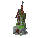 A solitary, moss-covered medieval tower rises against a black background, its aged stone walls and reddish-brown roof hinting at a long and mysterious history. The pixel art depicts a tall, slightly dilapidated building.