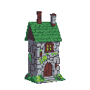 A charming, multi-story stone tower rendered in pixel art stands out against a black background, featuring a wooden door, green-paned window, and moss-covered walls. The fantasy-inspired building is topped with a steep, green-tiled roof and unique chimneys.