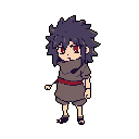 A stylized, chibi-like character with spiky purple hair and striking red eyes stands pensively in this pixel art image. Dressed in muted tones with a vibrant red sash, the figure exudes a calm and slightly mysterious aura.