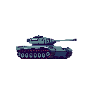 This pixel art image features a blue-gray tank, rendered in a blocky, simplified style, poised and ready for action. Red accents highlight details on this formidable piece of military technology.
