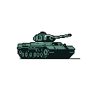 A teal-toned, pixel art tank sits poised against a stark black backdrop, its static posture hinting at mechanical readiness. The light/medium tank design features detailed track links, road wheels and a forward-facing gun.