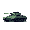 This pixel art showcases a side profile of a stationary tank, rendered in varying shades of green. The utilitarian design and dark palette evoke a sense of serious military equipment.