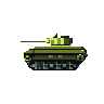 A pixel art tank, rendered in muted greens and greys, sits poised and ready in a side-view perspective. The simple design evokes a military feel, highlighting the vehicle's form against a stark black backdrop.