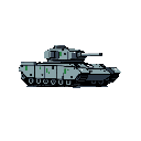 This pixel art showcases a gray tank with green accents in a slightly angled side view. Rendered with a retro aesthetic, the design highlights the tank's form and military technology.