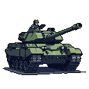This pixel art showcases a green and gray tank with a soldier in the turret, binoculars in hand. The retro style emphasizes the vehicle's militaristic design, conveying a sense of power and readiness.